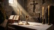 © Pixcellence - Catholic priest celebrating mass at altar. Man lead liturgical ceremony with chalice and host in stone church. Divine light shining through window. Religious christian worship service.