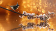 © ADDICTIVE STOCK - Coal tit on blooming branch over golden water bokeh
