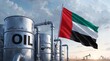 © Tasnimul - United arab emirates flag flying over oil barrels and pumpjacks on a desert landscape, symbolizing oil production and opec.