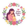 © Yudooo - Heartwarming Mother's Day illustration featuring a loving mother embracing her child within a beautiful floral wreath design, celebrating family affection and joy