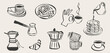 © Olga Rai - Charming breakfast illustration set with croissants, espresso cups and pastries. Line art doodles perfect for cafe menus, bakery posters or restaurant branding with retro charm