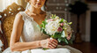 © Arra Vais - Bride vintage chair, elegant woman holding wedding bouquet. Her exquisite lace dress and delicate jewelry shine under soft light, creating serene bride vintage chair moment.