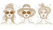 © ronal - Three stylized portraits of women wearing different sun hats and sunglasses, stippled style