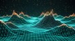 © MopoWe - Digital topographic landscape features a glowing cyan wireframe mesh with luminous orange peaks. Sharp focus macro details create a futuristic atmosphere. Ideal for data science marketing.