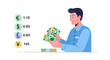 © Kun - Man holding money with currency exchange rates displayed.