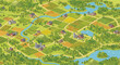 © Asif - Isometric rural farmland landscape with red barns and green fields, aerial view of agricultural countryside map, vector illustration of farm village