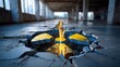 © Oulaphone - A nuclear symbol glows with molten lava inside a cracked, abandoned concrete floor in a dark, empty industrial building.