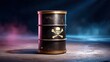 © Oulaphone - A rusty metal barrel with a skull and crossbones symbol, indicating hazardous or toxic waste, standing on a concrete surface with fog and a dark background.