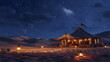 © THUA - Glowing desert camp under starry night sky with large traditional tent illuminated by warm lantern light, surrounded by sand dunes and peaceful atmosphere
