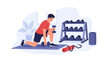 © avant - Flat vector illustration of a man in a red shirt and shorts performing weighted lunges with dumbbells on a yoga mat in a home gym with a weight rack and fitness equipment.