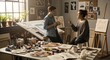 © Haycal Sandi Nugroho - Two artists discussing a large canvas in a cluttered studio with easels and paints