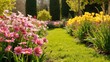 © Alexander Chaykin - Garden of colorful tulips and pansies in bloom on a sunny day.