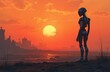 © Vadym - Robot stands on dry ground looking at distant city silhouette during bright orange sunset. Wasteland environment, artificial intelligence concept. Future city landscape. Future, AI
