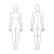© Marina Storm - Female body outline template in front and back view with clean line art and balanced proportions. Universal base for fashion design, anatomy study, medical diagrams, cosmetic procedures, massage maps