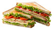 © Kavindu - A delicious fresh ham and cheese sandwich with lettuce, tomato, and healthy vegetables served on white bread toast for a tasty lunch snack or breakfast meal isolated on a plate