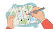 © Shakib - Person holding and marking a folded map with a pen indicating a travel route with various location pins and paths in a flat style.