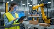© Maryia - Automated food packaging with robotics concept showing automation engineer manufacturer programming robotic arm at end of line system highlighting smart manufacturing efficiency technology innovation