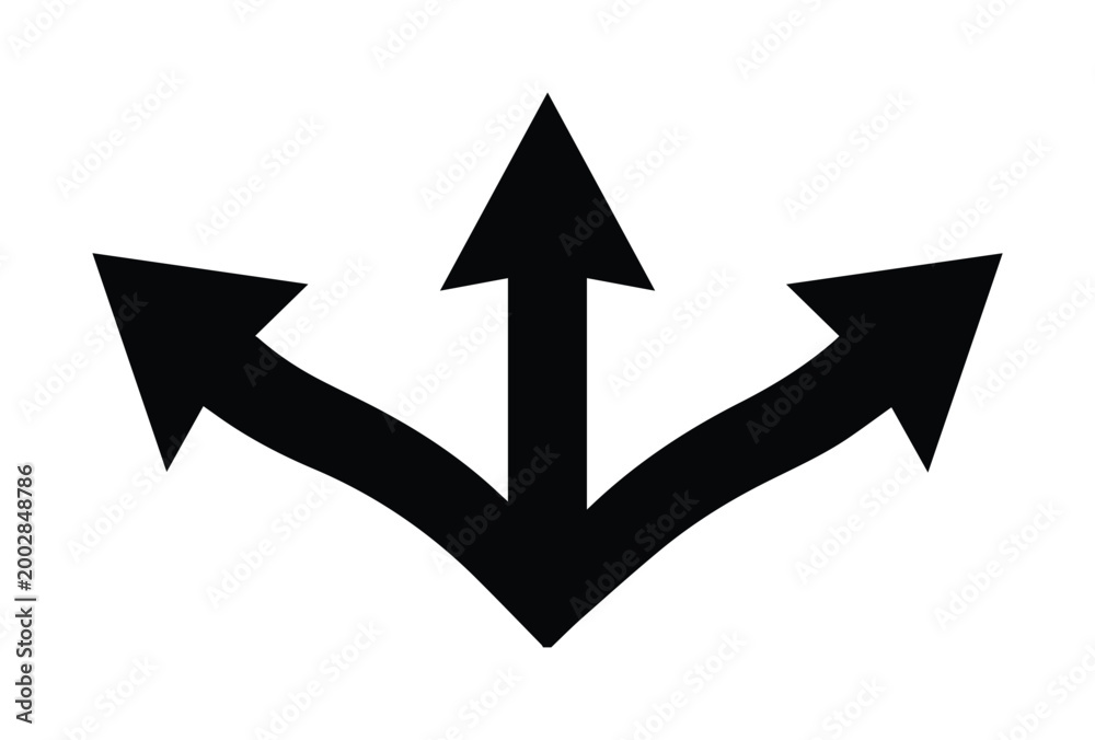 Black three-way arrow icon, directional split vector symbol, triple ...