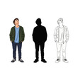 © panca - Set of three vector illustrations of a young man looking up, featuring a full color drawing, a black silhouette, and a line art version, wearing a green jacket and blue pants.