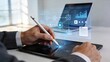© Harris - Businessman using digital tablet and stylus pen for advanced technology workflow holographic interface displaying data analytics chart graph and software process diagrams on