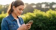 © IGNITE Graphics - Young woman using smartphone outdoors, smiling, looking at screen, sunlight flare, casual denim jacket, green foliage background, summer day, technology, communication, social media, online