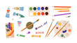 © tanyabosyk - Flat vector set with art supplies, paint tubes, watercolor palette, colored pencils, brushes, chalk, crayon, artist tools for school