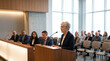 © forenna - Elderly woman with hearing aids speaking confidently at a local council public forum at a municipal hall, microphone in hand, a row of counc