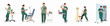 © Nurdayatt - Vector illustration set of medical professionals in green scrubs using digital tablets and working in various clinical or hospital environments.
