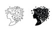 © Prism - Minimalist vector illustration of female profile with flowing hair and bubble accents in black and white outline and solid silhouette variants for beauty branding