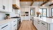 © Phanupong - Modern farmhouse kitchen interior with white shaker cabinets wooden beams and large island creating warm rustic charm and functional contemporary country home design concept