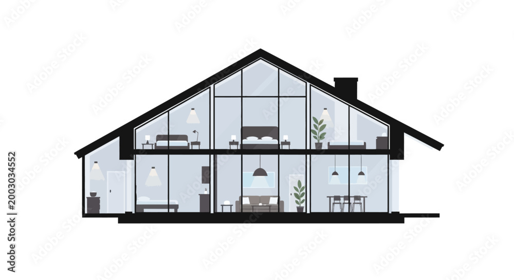 Modern House Cross Section Vector Illustration with Minimalist Interior ...