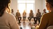 © tarik - Support group therapy session with diverse people sitting in circle in a warm sunlit room,  mental health and community support concept