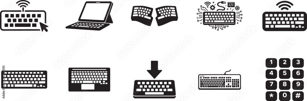 Keyboard icon set with keypad and dismiss symbols. Line art tech icons ...