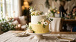 © Marina - Elegant 60th birthday cake with yellow and white frosting and flowers on table background