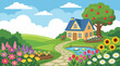 © Zejun - A picturesque scene featuring a lovely house surrounded by a colorful flower garden, a serene pond, and a lush green landscape under a bright blue sky.
