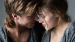 © 4kclips - This captures an intimate moment between a young couple, their foreheads gently touching as they share a tender connection. It is a close up portrait emphasizing their faces and expressions of serene.