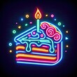 © SumanCreativeStudio - Bright neon birthday cake with lit candle and decorative swirls for celebration and party themes in a colorful vibrant style