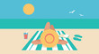 © Flux Imagery - Colorful flat vector illustration showing a relaxed woman wearing a straw hat sunbathing on a striped towel at a beautiful sunny summer tropical beach with blue sky and ocean