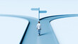 © BPawesome - Man walking toward a fork in the road with blank signposts representing strategic career choices and future direction, 3d render