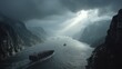 © Taiwo - Large cargo ship sailing through a narrow sea passage shrouded in mist and dramatic weather. Container ship heavily laden with colorful shipping containers trade route.