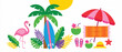 © usmi - Tropical summer beach elements, colorful vacation icons set, exotic palm tree and flamingo vector