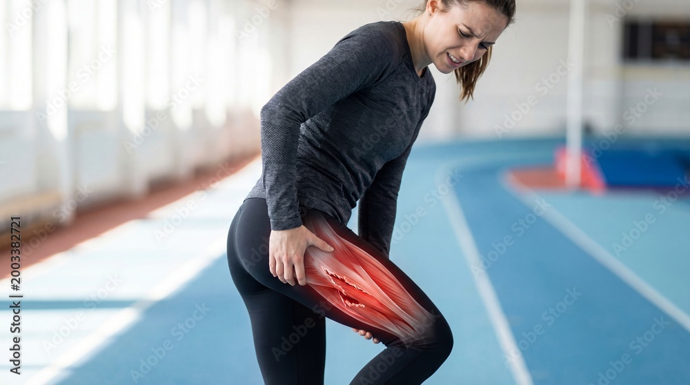 Woman athlete feeling sharp thigh pain after workout. Illustration of ...