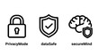 © MAHMUDA  - Cybersecurity and digital privacy icon set depicting privacy mode with a padlock data safety with a shield secure mind concept with a brain symbol security protection technology checkmark