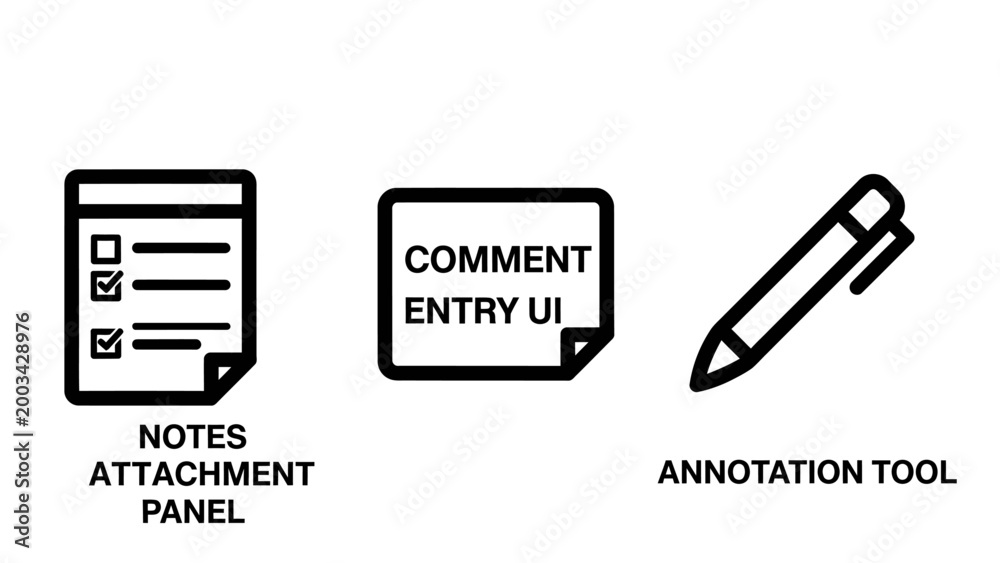 Notes attachment panel comment entry UI annotation tool icons set with ...