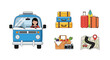 © Sakinah - Blue Camper Van with Travel Accessories and Map Icons.