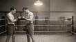 © spyrakot - Two vintage boxers touching gloves in a quiet ring before sparring
