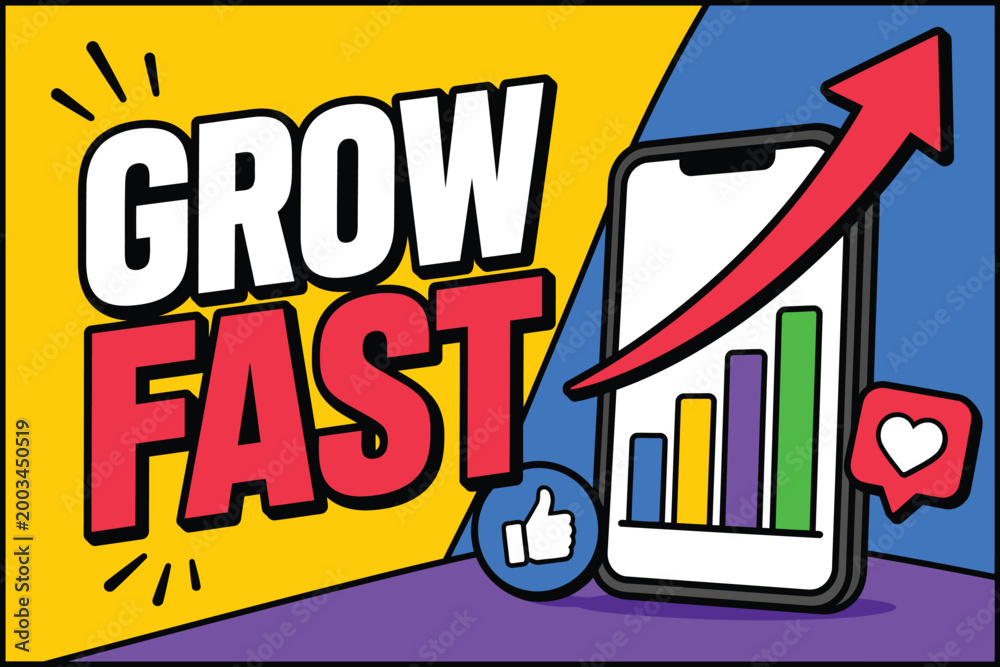 Grow fast business success illustration with mobile app and upward ...
