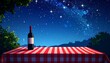© PhotoLoren - Bouteille de vin sur une table avec une nappe Vichy, un soir d'été, avec espace texte