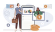 © 100% HAND-CRAFTED  - Mobile expense management. Man and woman near gold coins, graphs and charts. Financial planning and literacy. Application for accounting and budgeting. Flat vector illustration