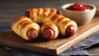 © Emilio - Golden sausage rolls wrapped in flaky pastry on wooden board with ketchup dip. Crispy baked snack with juicy sausage filling, comfort food, savory appetizer